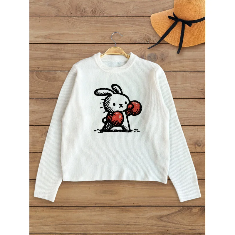 

Женский вязаный пуловер с принтом боксерского кролика, толстый, объемный, с круглым вырезом и длинными рукавами, осенне-зимний модный стиль