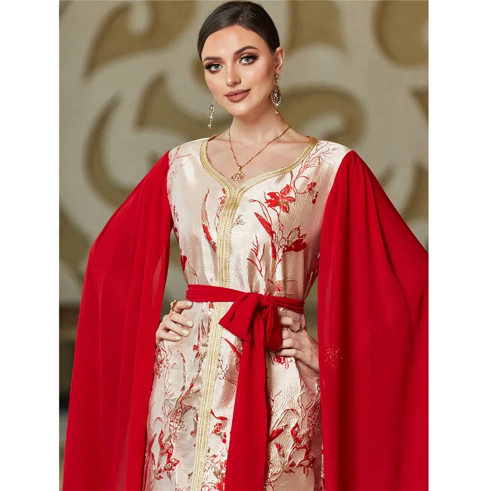

Dubai Abaya Print Kaftan Women Muslim Evening Party Dress Belt Jalabiya Islamic Clothing Femme Musulman Caftan Robe Cape Sleeve