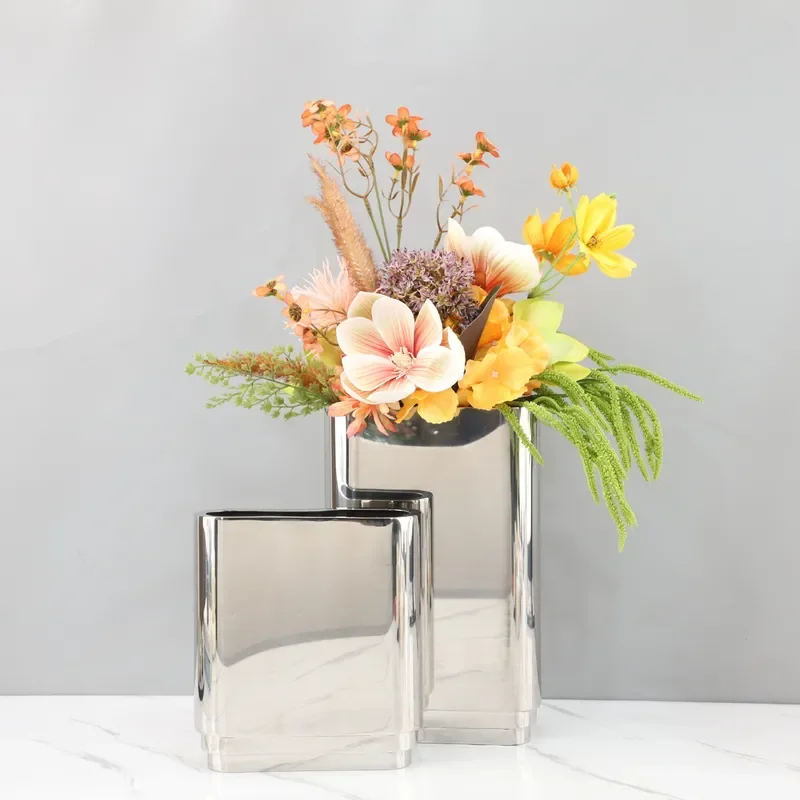 Modern Minimalist Silver Mirror Metal Vase Ornament Straight Flower Arranger Living Room Restaurant Hotel Home Decoration