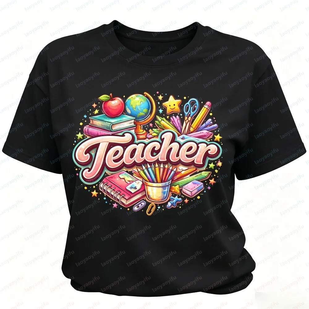 Summer Short Sleeve Women T Shirt Fashion Teacher School Supplies Tee Apple Globe Pencils Books Soft Casual Daily Streetwear Top