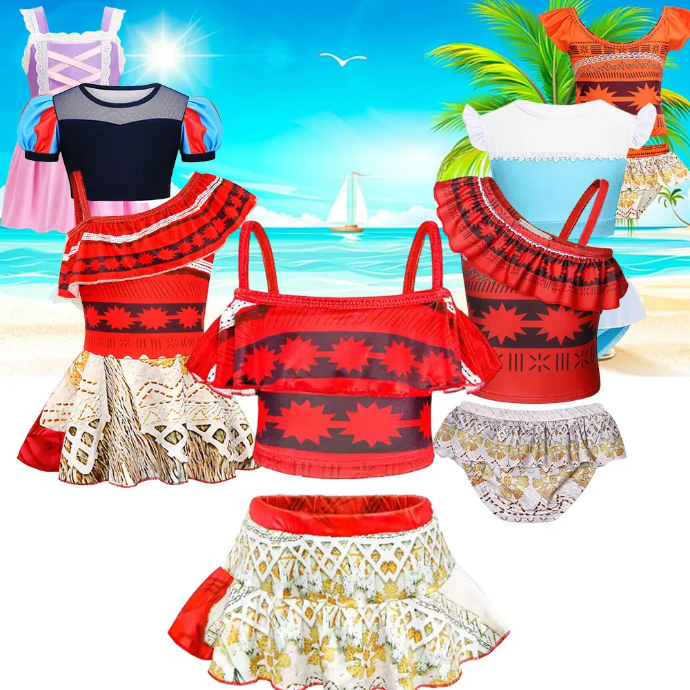 2025 Pool Princess Dress up Swimwear Todller Summer Time Moana Swimming Clothing Two Pieces Set Bikini Cute Rapunzel Swimsuit