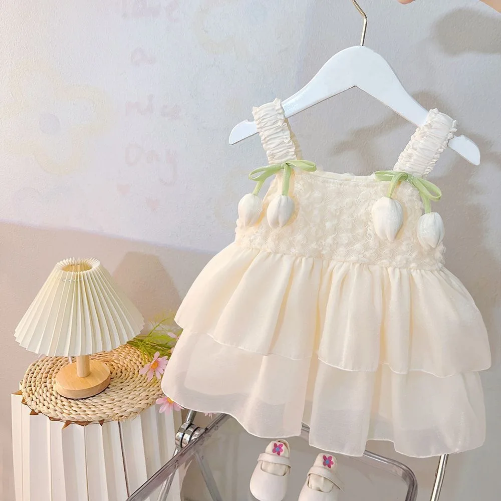 

(Girl 0-3 Years Old) Children's New Three-dimensional Tulip Flower Mesh Halter Dress New Summer Sweet Little Prince Wear Cloths