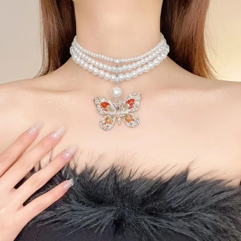2024 New Double-layer Pearl Butterfly Necklace Women's Light Luxury High-end Fashion Neck Chain Temperament Versatile Clavicle C