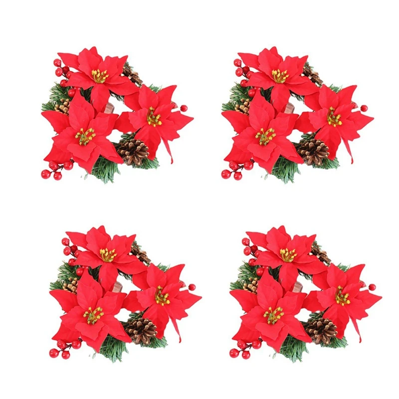 Promotion! 4PCS Christmas Flower Garland Pine Needle Pine Cone Christmas Ring Candle Ornament Decorative Berry Ring Candle Holde