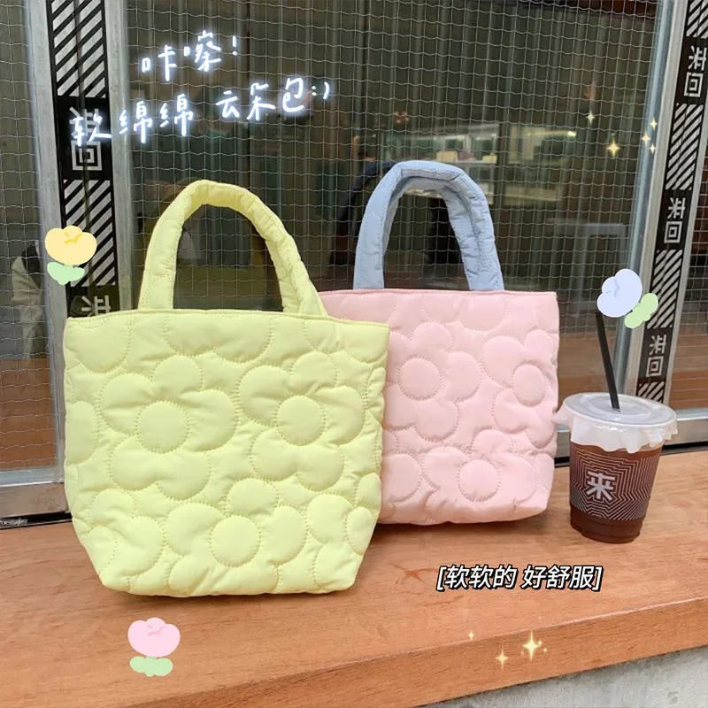 Candy Color Women Portable Lunch Bento Bag Quilted Flower Ladies Small Clutch Purse Handbags Girl Storage Shoulder Bag Mommy Bag