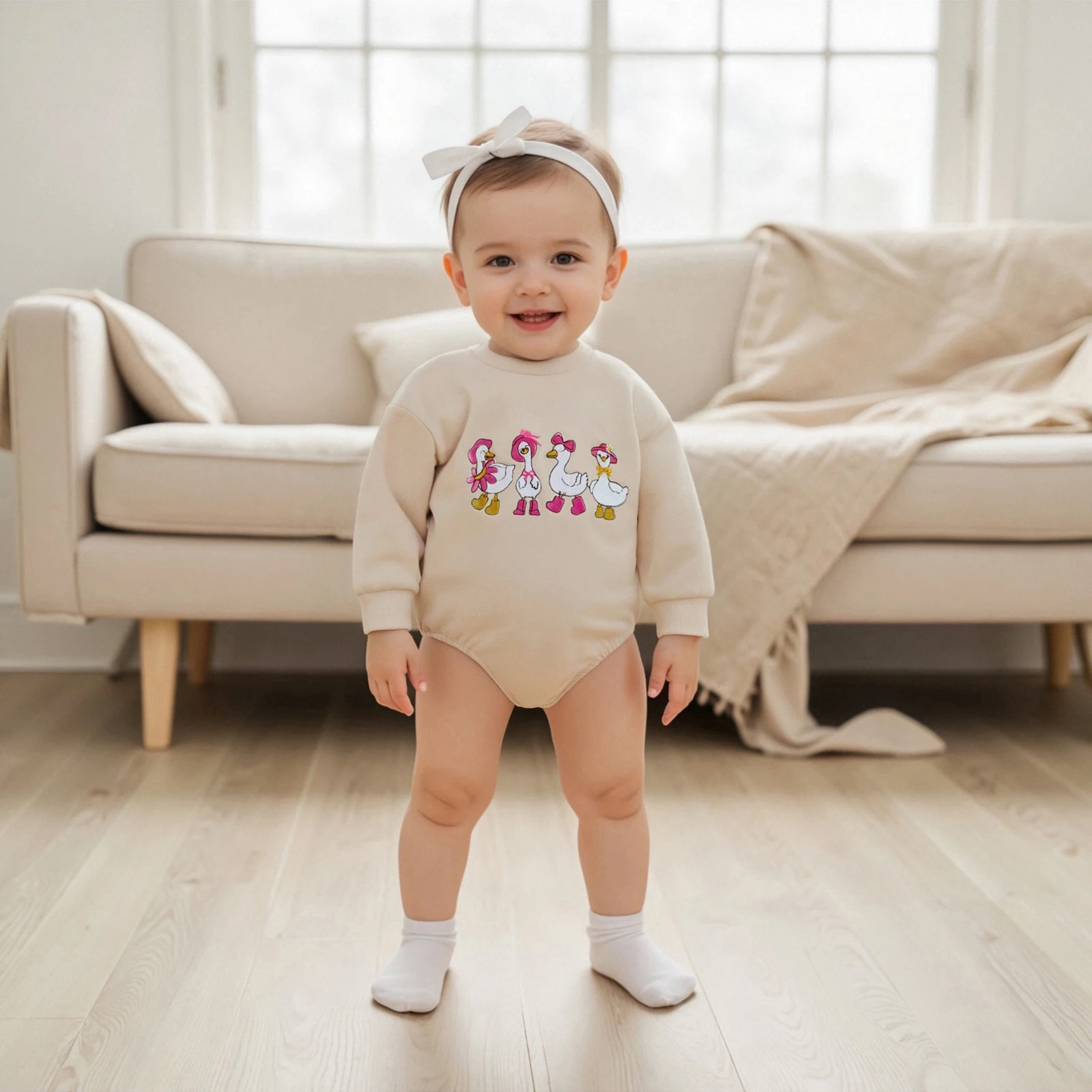 

Baby Clothing Girl Fall Sweatshirt Romper Loose Fit Goose Embroidered Jumpsuit Newborn Playsuit Clothes