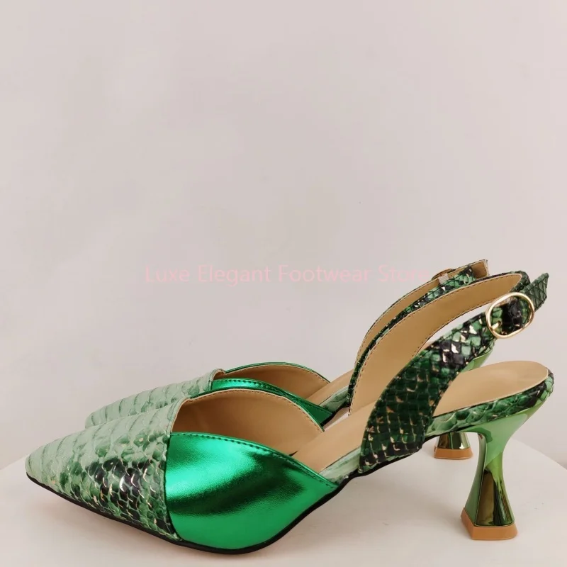 Green Snake Print Crystal Flower Slingback Pumps Women Patchwork Pointed Toe Kitten Heel Sandals Luxury Elegant Party Dress Shoe