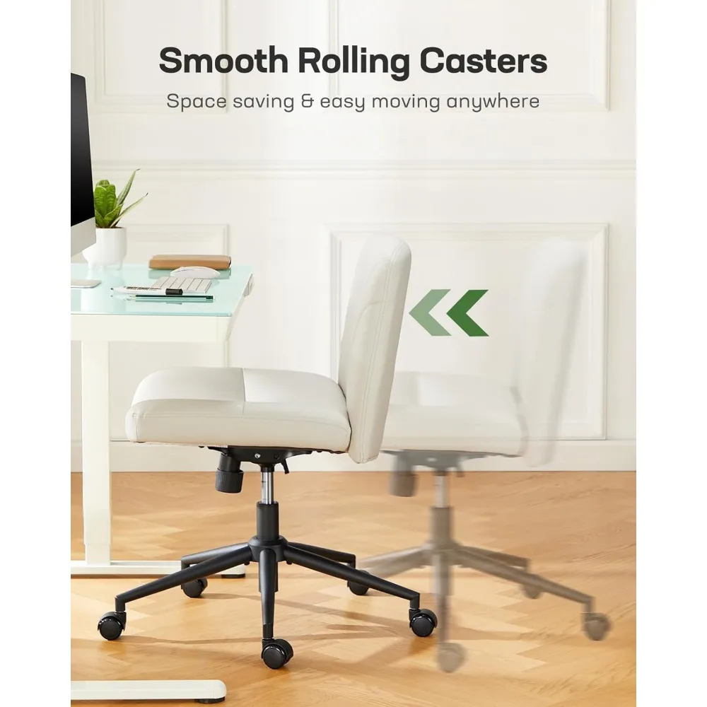 Cadeira de mesa giratória de altura ajustável com rodas, cadeira de escritório larga sem braços de couro PU, design de pernas cruzadas