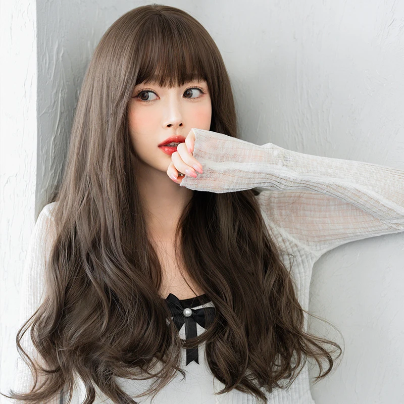 NAMM Light Brown Wigs with Neat Bangs High Density Synthetic Loose Brown Hair Wig for Women Daily Use Beginner Friendly