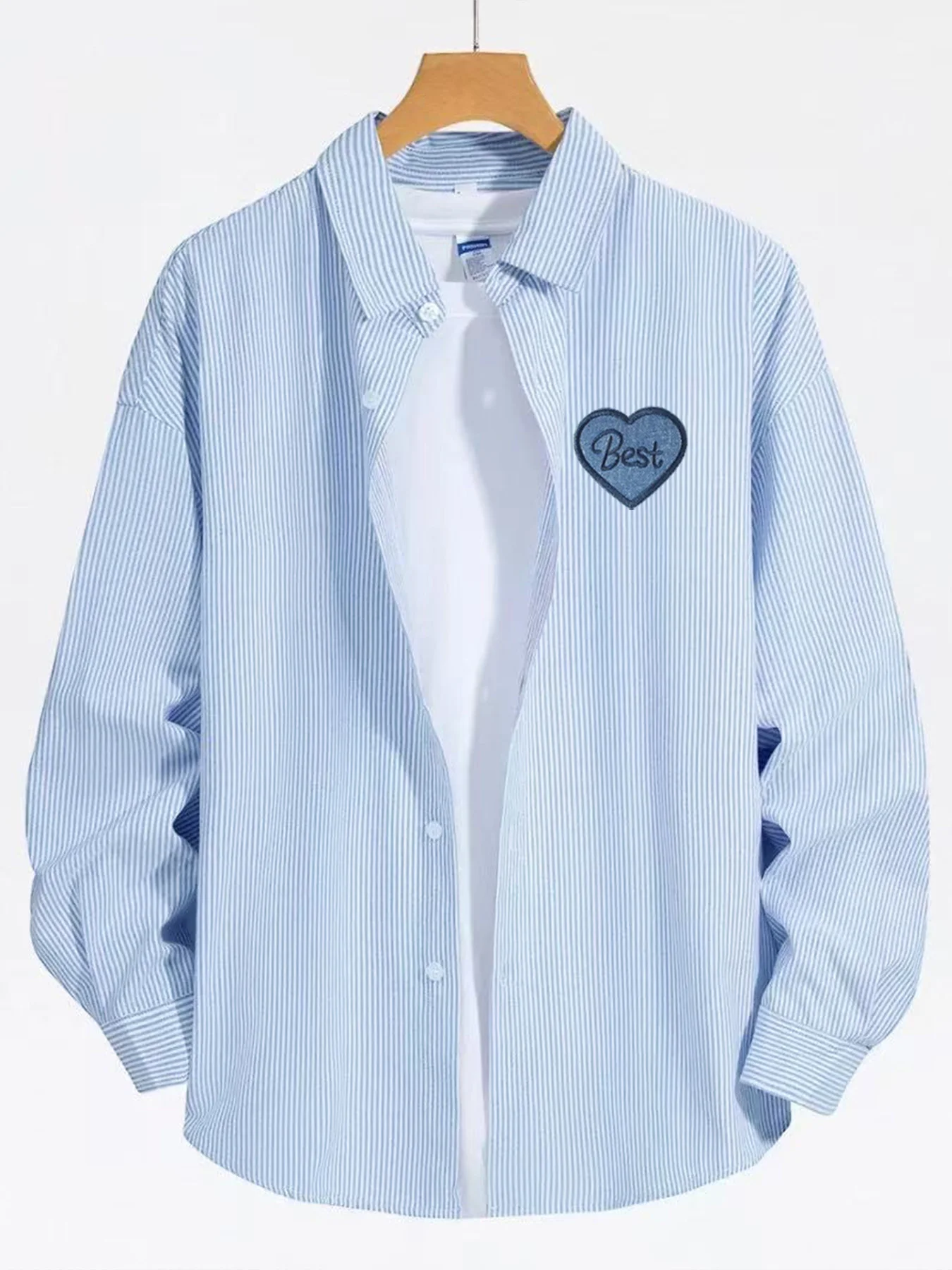 Spring and Autumn lightweight trendy men's long-sleeve striped shirt with heart icon, casual, fashionable, versatile shirt