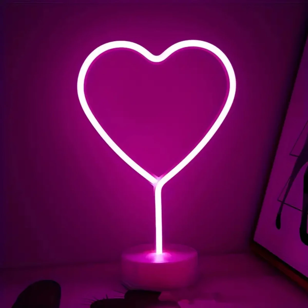 1pc Pink Neon Heart Light LED Neon Signs Night Light With Base Battery Powered Neon Table Light Suitable For Home Bedroom Party