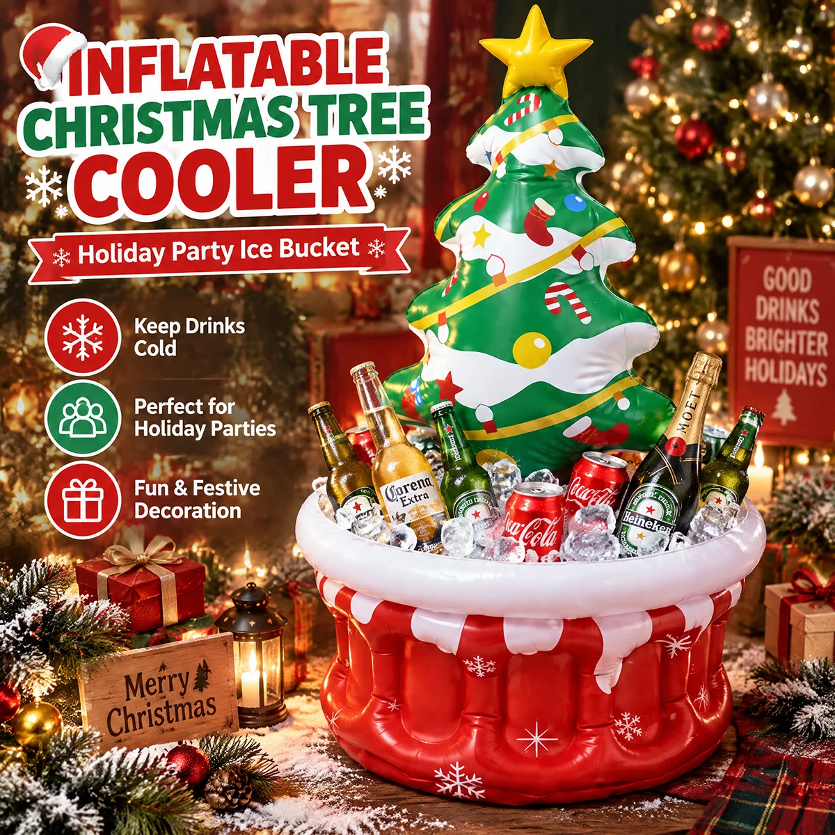 PVC Inflatable Christmas Tree Ice Bucket Blow Up Xmas Party Decoration Portable Drink Ice Cooler Holder for Holiday New Year