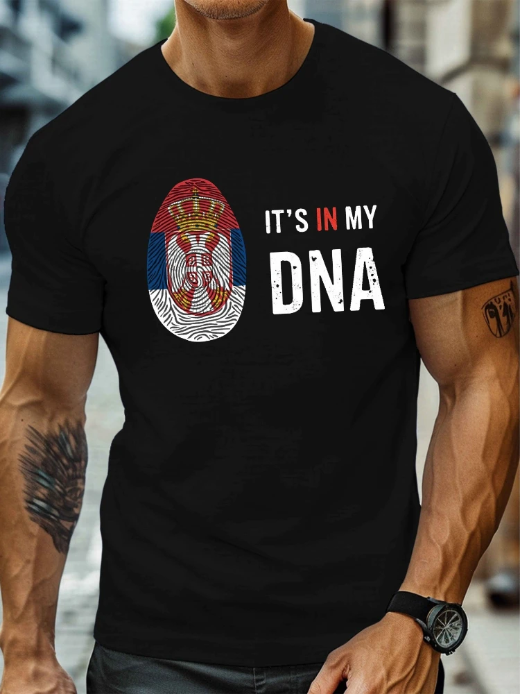 

Country It s In My Dna Serbia flag color pattern -100% cotton summer short-sleeved O-neck men's printed T-shirt.