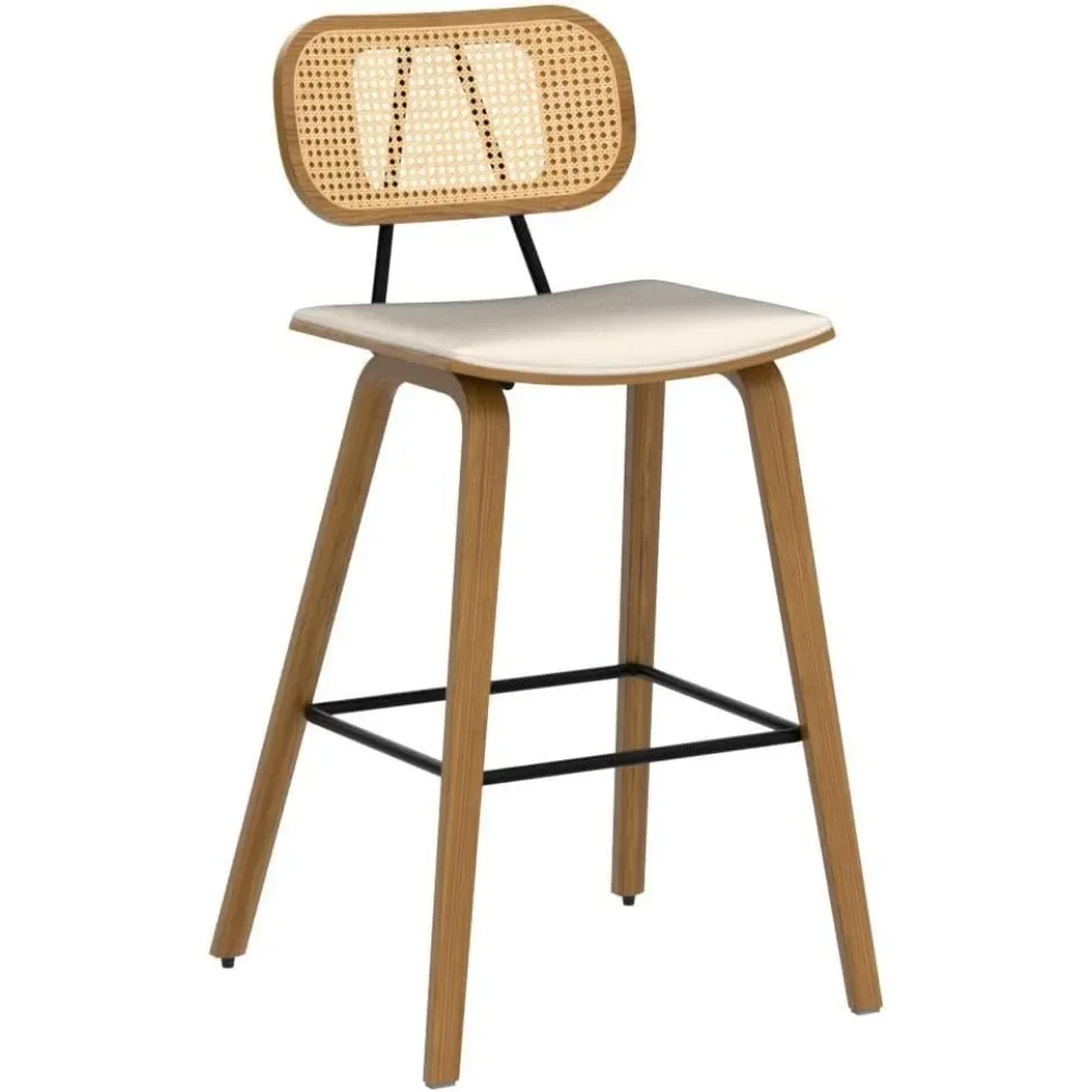 Counter Height Bar Stools Set of 3,26" Wood Kitchen Stool PU Leather Upholstered Barstool with Rattan Back,Cream White image 5
