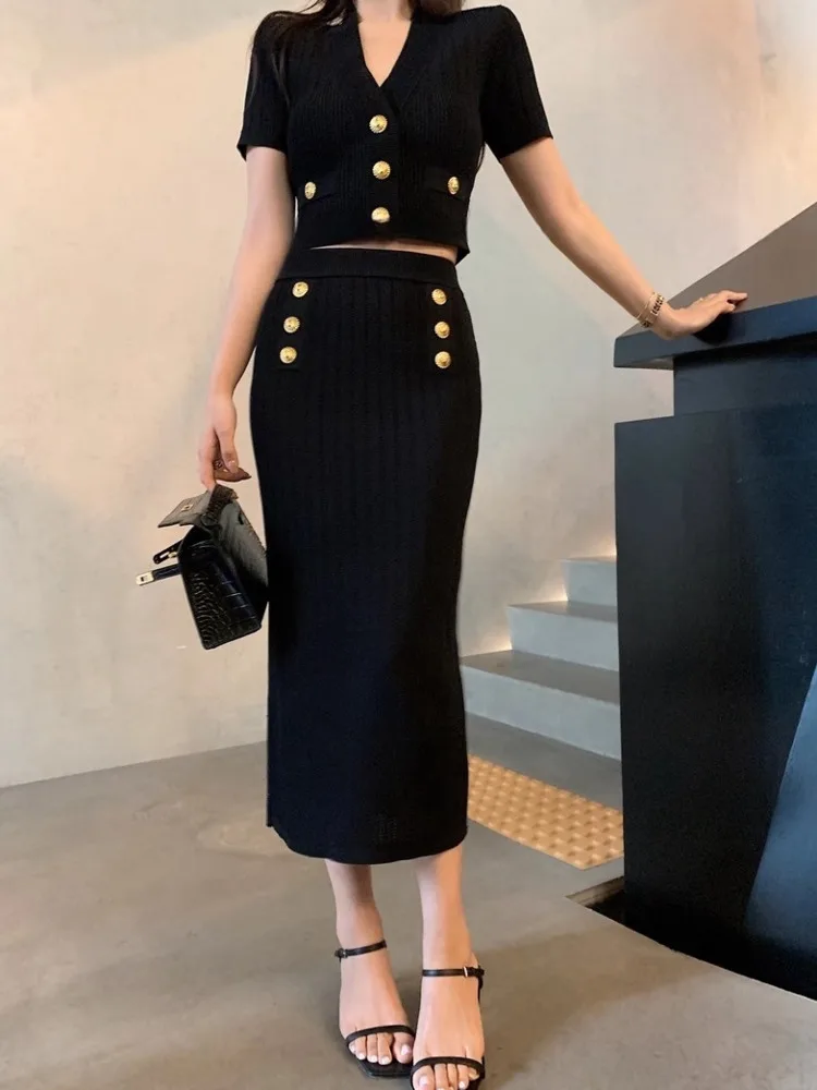 

2025 Summer New Knitted 2 piece sets woman outfit Slim Pullover Sweater Tops + High Waist Long Skirt Sets Conjuntos Femininos