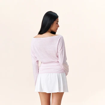 YESCCI Print Long Sleeve T Shirts Woman 2026 Autumn New Off Shoulder Lace Trim Women Top Loose Fit Casual Striped Tee S563210 2