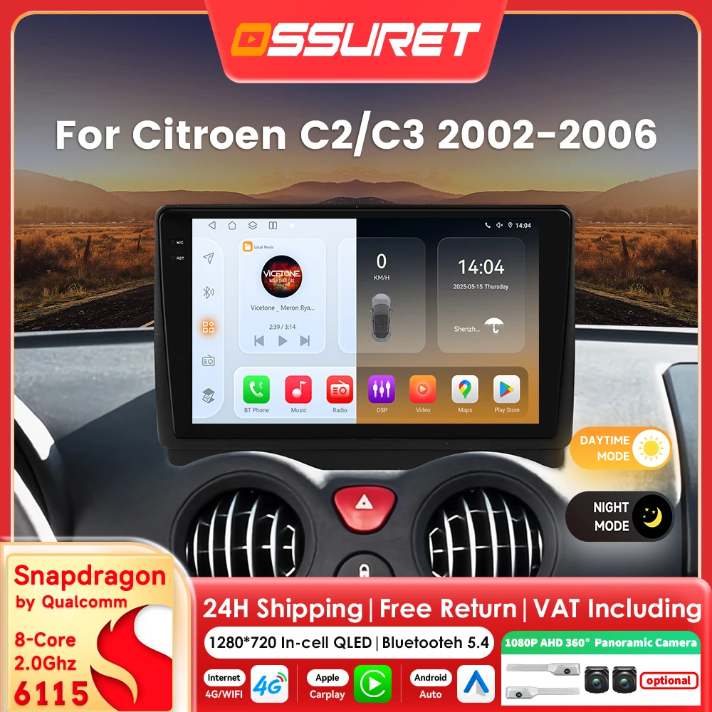 Autoradio Autoradio für Citroen C2 C3 2002–2006 Carplay Android 14 Auto Multimedia Snapdragon 6115 GPS Head Unit 360 Cam SWC