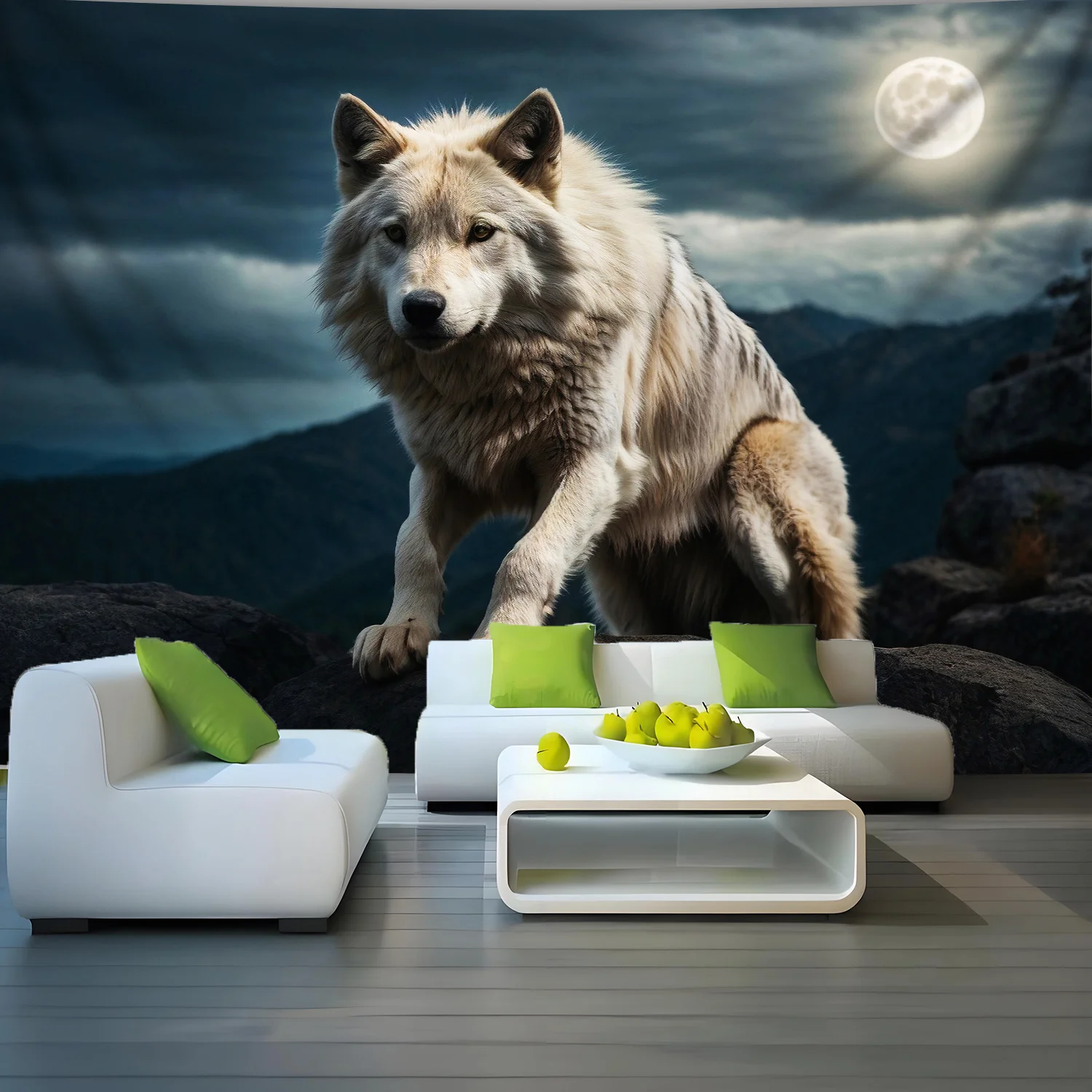 Wolf Moon Tapestry, Majestic Wolf & Mountain Night Sky Wall Hanging, Wilderness Decor for Bedroom Living Room Background