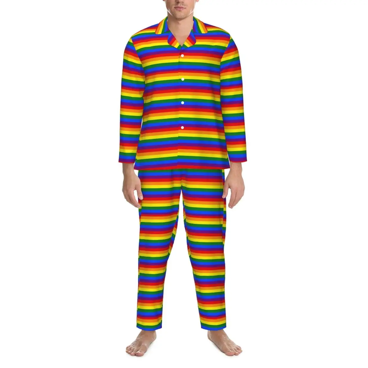 Pajamas Male Rainbow Striped Night Sleepwear Colorful Print Two Piece Casual Pajama Sets Long Sleeve Warm Oversize Home Suit