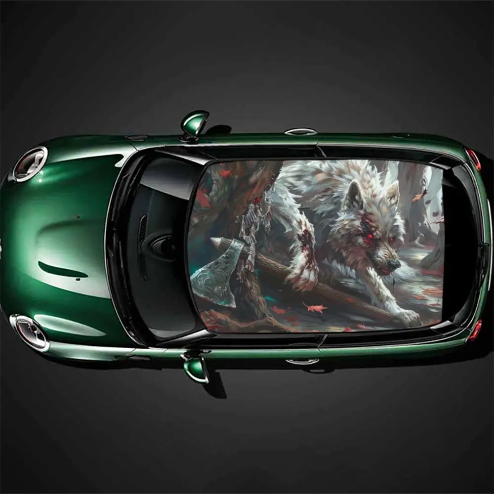 

Wolf Warrior with A Scythe and Blood All Over His Face，Gift, DIY, Car Vinyl Wraps, Premium PVC Car Roof Decals, SUV and Van Raci