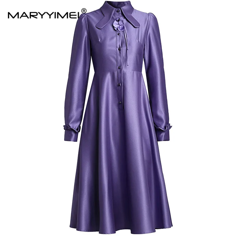 MARYYIMEI Fashion Women's New Elegant Chic Shirt Collar Purple Flower Long-Sleeved Single-Breasted Office Lady Pretty MIDI Dress