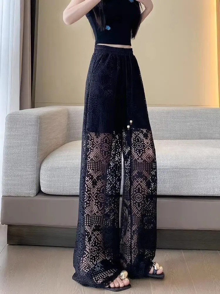 

2026 New Lace Wide Leg Pants Women plus Size 2300 Pounds Hollow out Casual Trousers High Waist Straight Cut Sensation