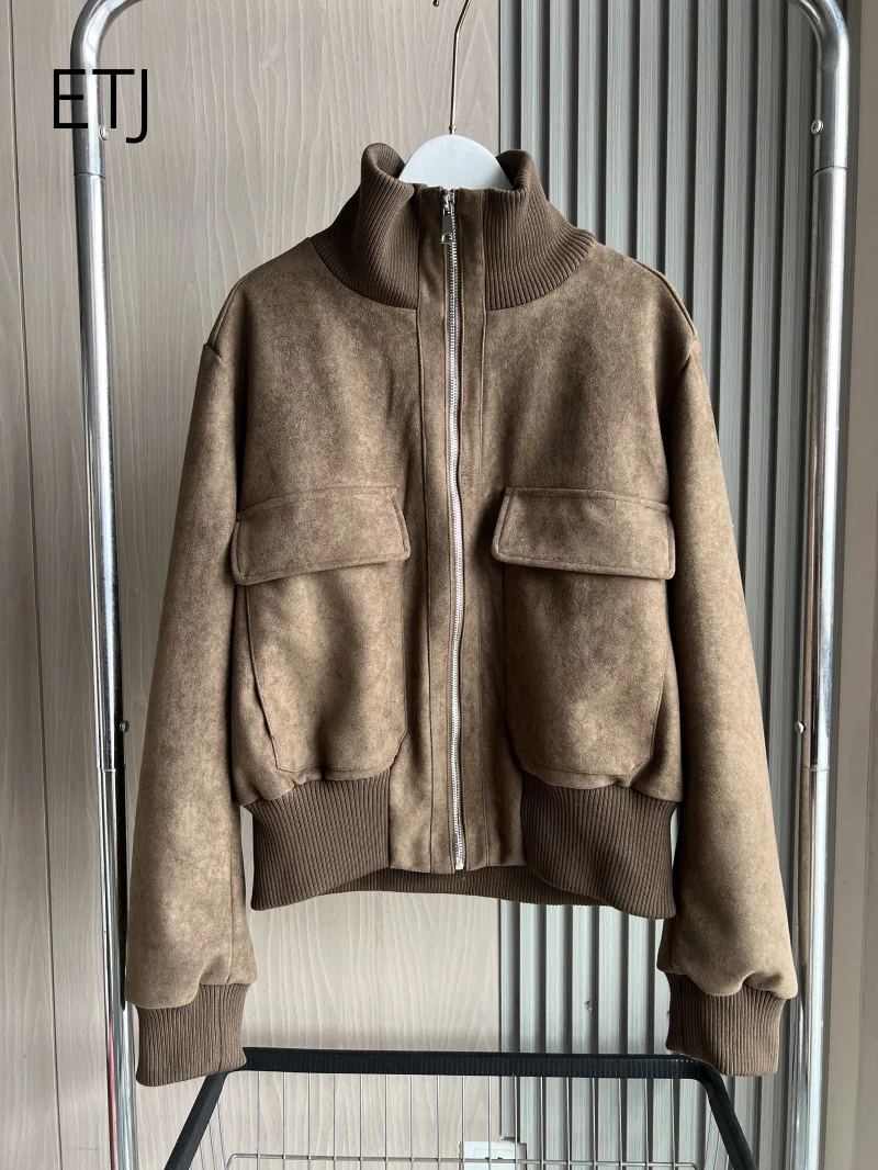 ETJ 2026 Damen Kunstwildlederjacke, kurze Fliegerjacke mit geripptem Saum, Cargotaschen, Reißverschluss, Stehkragen, Vintage-Herbstjacke – Detail 16