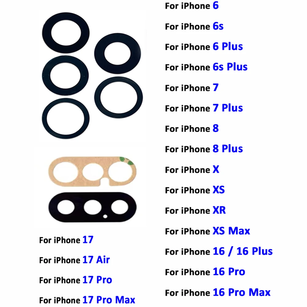 NEW Back Rear Camera Glass Lens with Adhesive Sticker Replacement For IPhone 6 7 8 6S Plus X XR XS Max 16 Pro Max 17 Air 16e