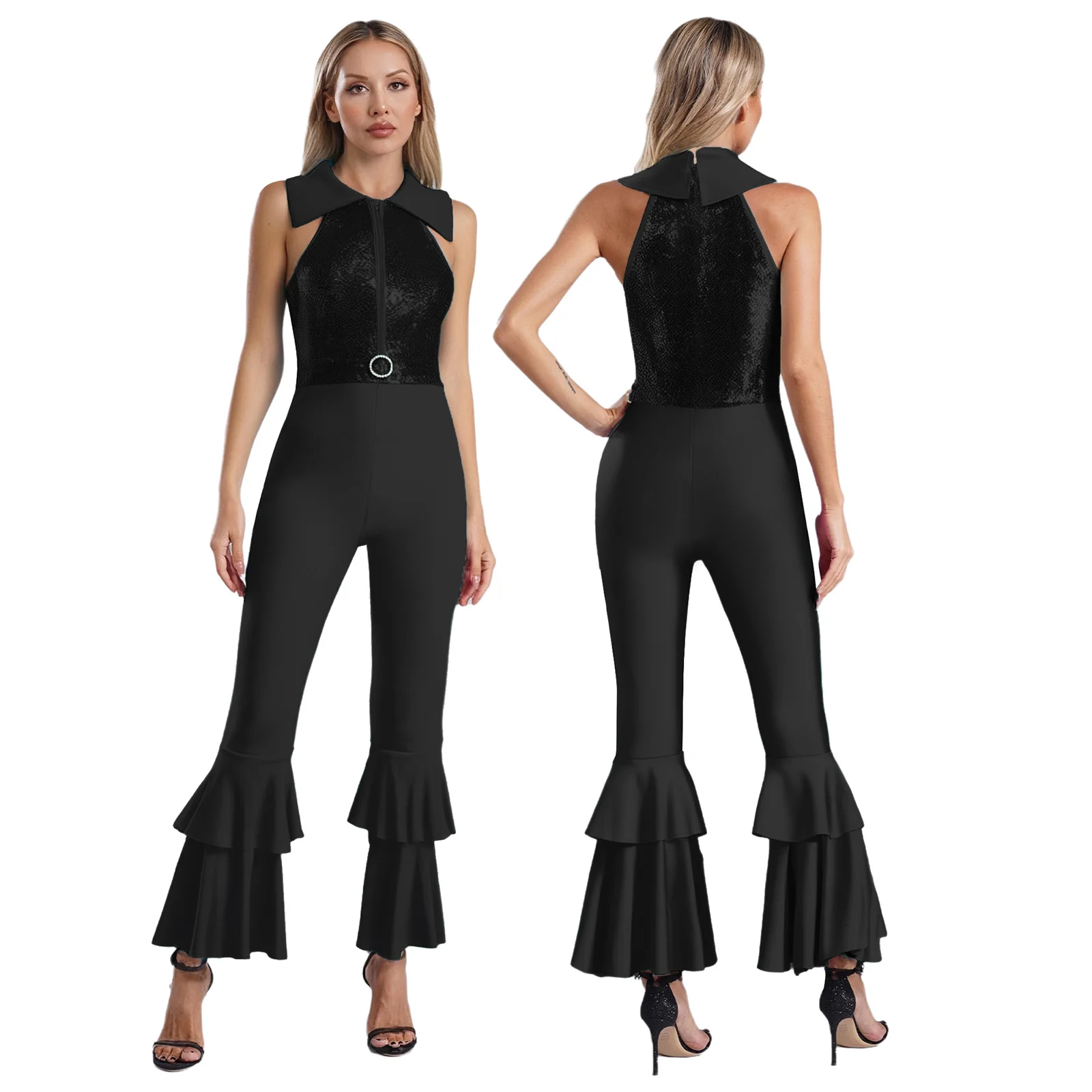 Mädchen Vintage Pailletten Disco Kostüm 70er 80er Hippie Overall Darling Diva Tanz Performance Flare Hose Ganzanzug Retro Outfit