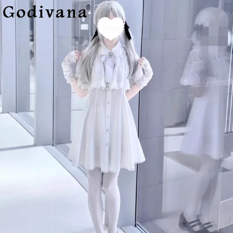 

Clear Sweet Cute Cape Dress for Women Bow Waist Slimming Lolita Short Dress Female Summer Japanese Style Lace Lolita Dress