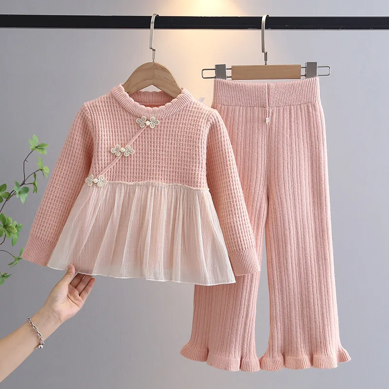 Meisjes Gebreide Kleding Sets Lente Herfst Kinderen Wollen Jersey Sweaters Dress Tops Broek Prinses Pak Voor Baby Outfits Kids 6