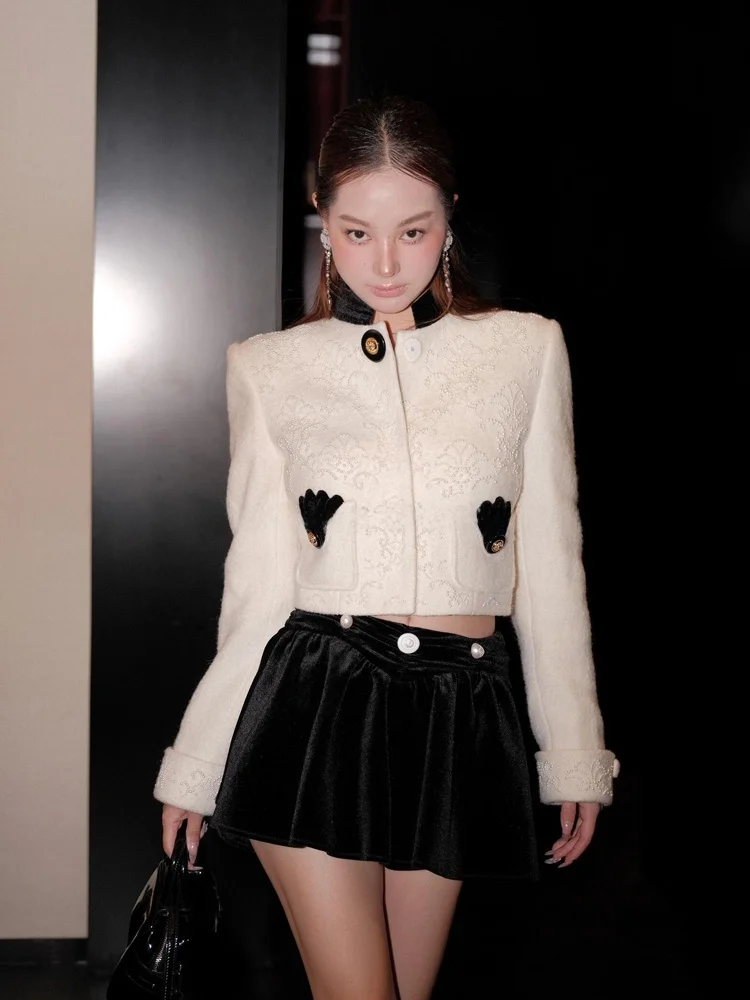 

Faionable ort Woolen Coat for Women Ele Pearlescent Stitching Design Straight Cut Commute Sle Single Button Closure