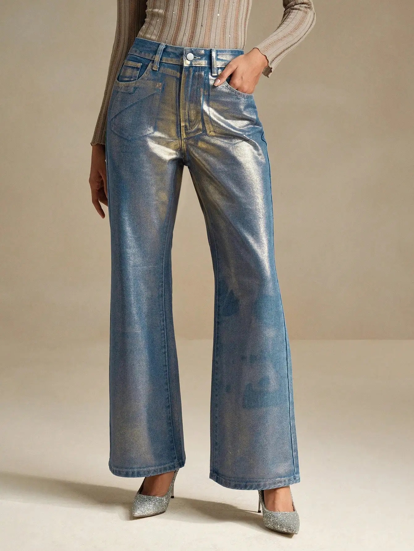 

Женские металлизированные синие джинсы с широкими штанинами, с высокой талией, свободного кроя, для вечеринок и выходов в свет