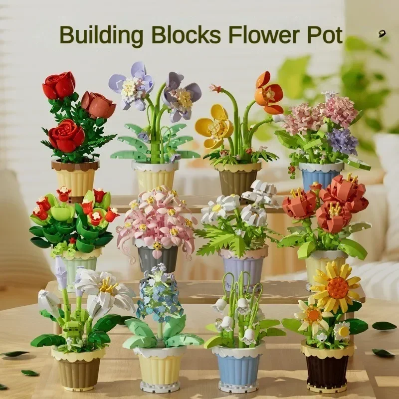 

Building Block Flower Potted Plant Ornament Small Size Sunflower Rose Lily DIY Compatible with LEGO Building Block Toys for Girl