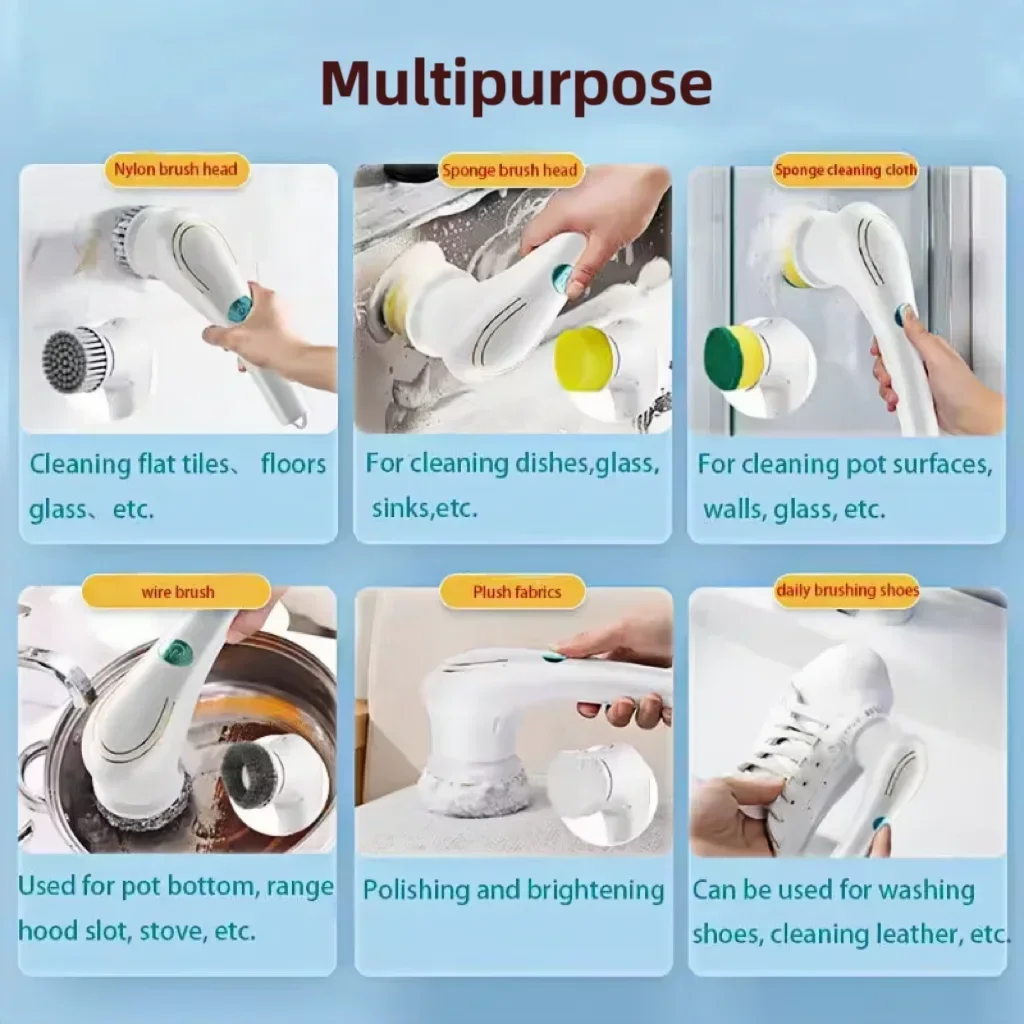 5 in 1 Multi-function Kitchen Home Bathroom Cleaning Tool Automatic Cordless Electric Cleaning Brush Rechargeable Brush
