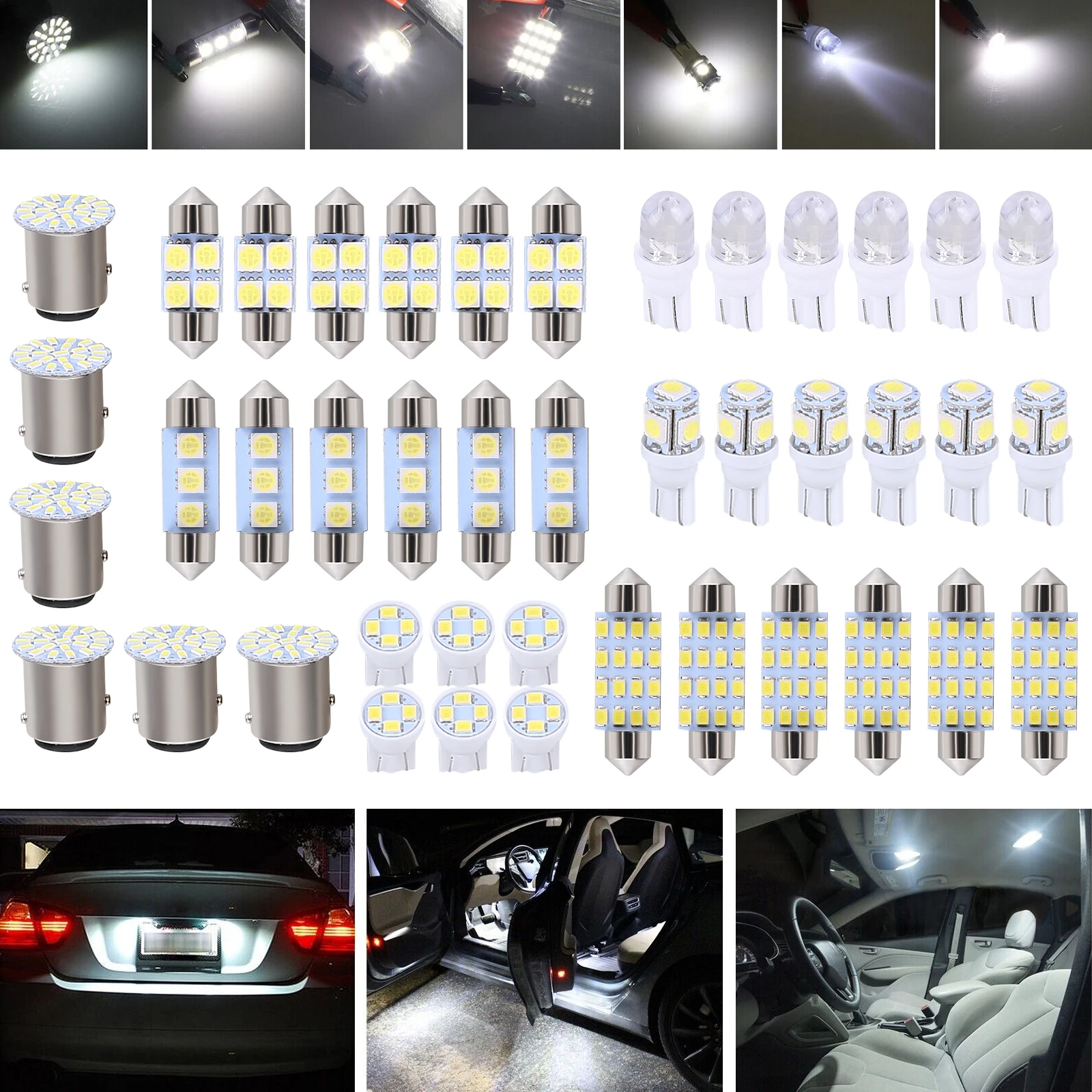 42pcs T10 31mm 36mm 39mm 6500K 12V Trunk License Plate Light Car Double-Tip Reading Light Conversion Accessories Waterproof LED Compartment Light