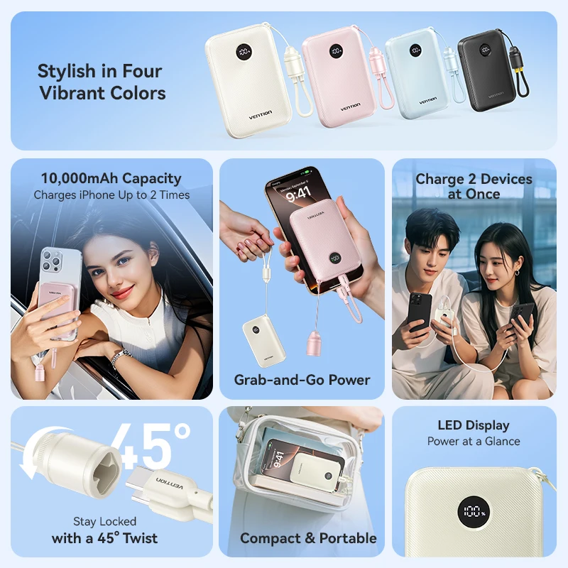 Vention Power Bank 10000mAh 22.5W PD Power Charging with Built-in USB Type-C Cable for iPhone 15/Huawei, Ultra-Portable Charger