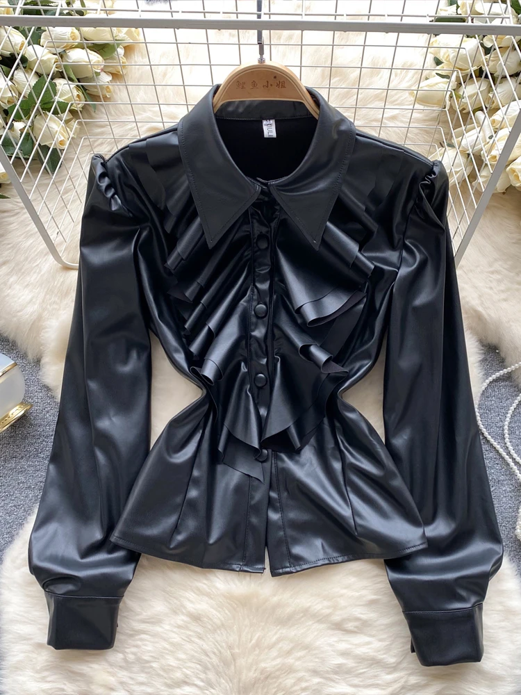 Vintage Ruffles PU shirt for women Black 2024 Spring autumn Design Lantern sleeve blouse Faux leather tops Fashion INKEO 3T214