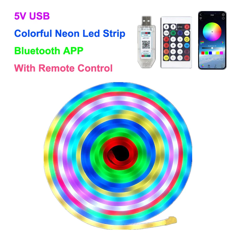 

5V 5m RGB WS2812B LED Neon Strip USB Bluetooth App Remote Control Neon Rope Lights Flexible Light Outdoor IP67 Waterproof Decor