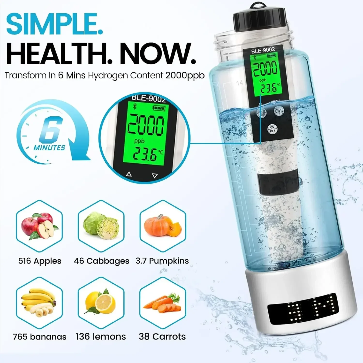 Water Electrolyser Hydrogen Water Machine 2000ppb Hydrogen Water Bottle Generator SPE PEM Technology LED Display USB Charger