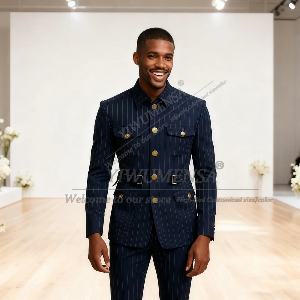 

Classic Stripes Suit Men 2 Piece Set Stand Collar Jacket Pants Customized Man Business Attire Safari Style Groom Wedding Tuxedos