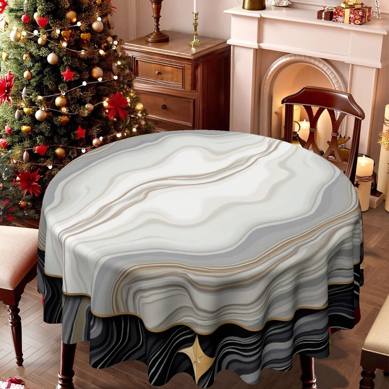 One tablecloth, with a Christmas theme, featuring modern geometric marble-patterned print.