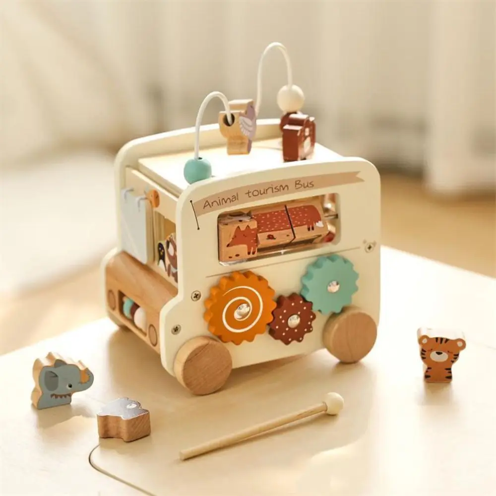 

Early Education Wooden Montessori Toys with Sound Puzzle Activity Bus Baby Toy Interactive Portable Musical Instrument Toys