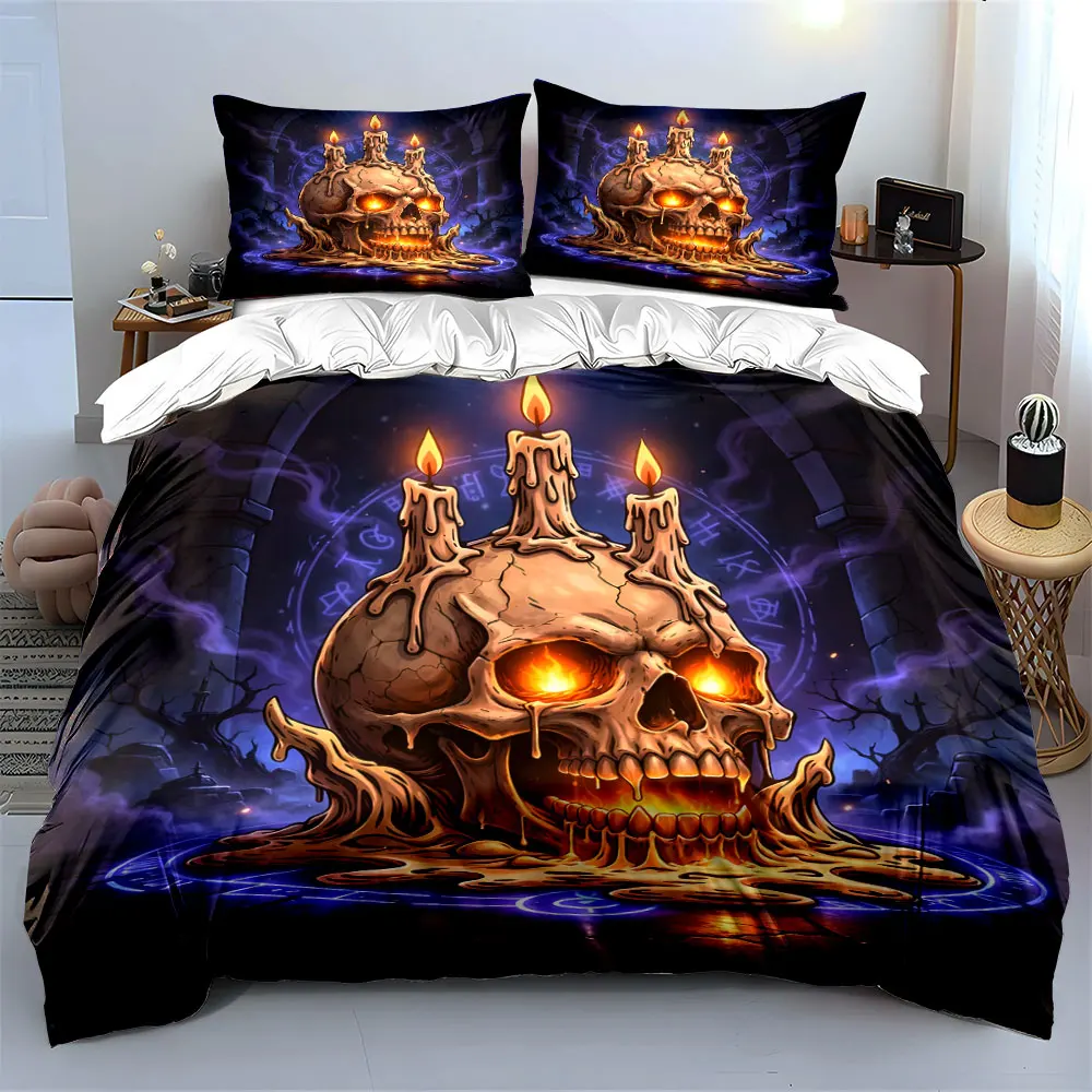 Creepy skull adorned with burning candles Print Bedding set 3PC 1 duvet cover 2 pillowcases adult and children bedding set