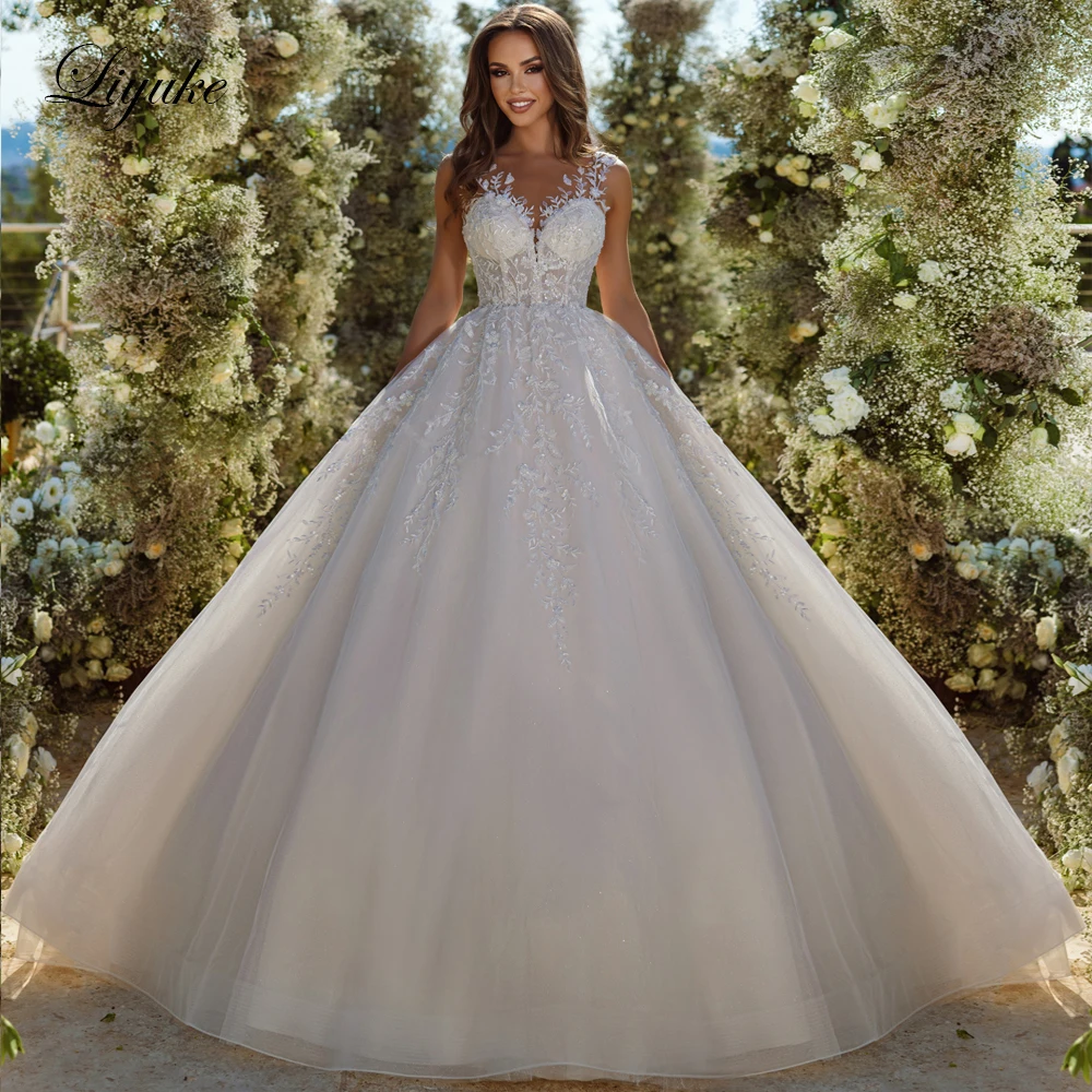 

Liyuke New Arrival Elegant Ball Gown Wedding Dress Sleeveless Beading Pearls Lace Illusion Neck Bridal Skirts Vestido De Noiva