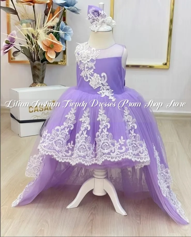 Lilac สีม่วงดอกไม้สาวชุด ropa de niña Elegant Beaded Appliques แขนกุด Chapel Train Mini Poncho ที่กําหนดเอง FBساتة