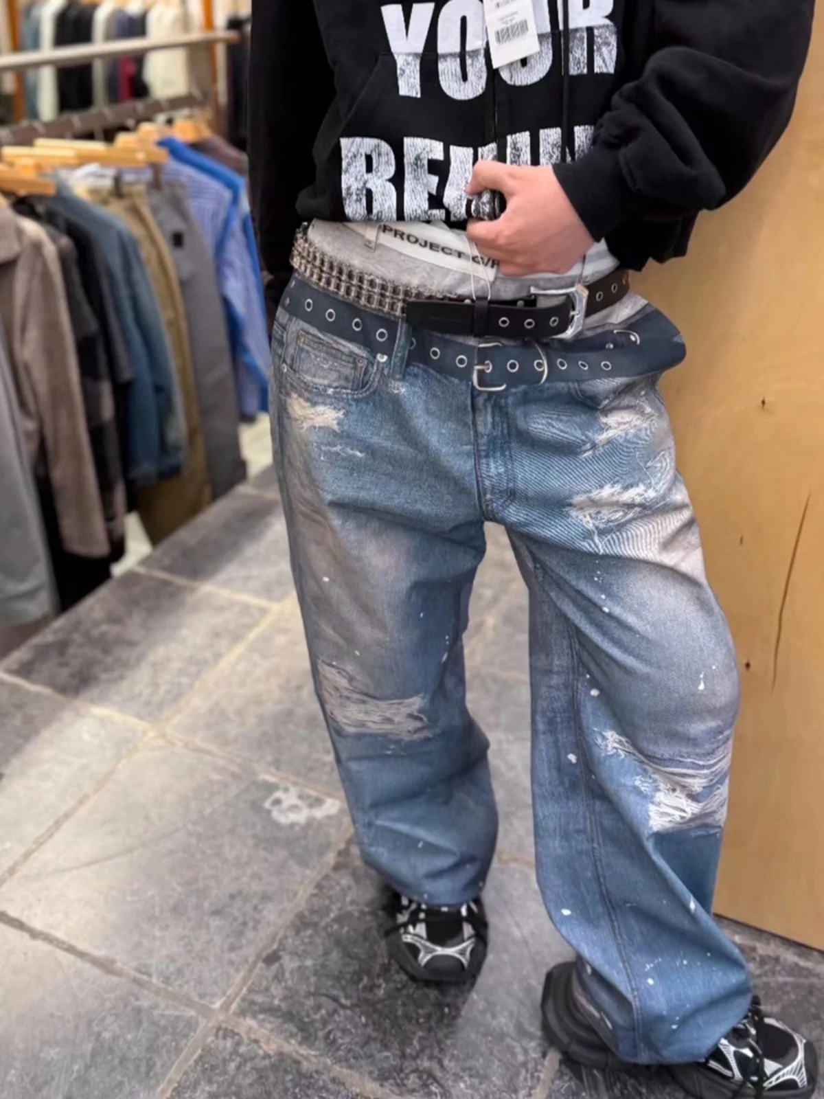 بنطلون جينز رجالي بخصر مزدوج وطباعة رقمية، فضفاض ومستقيم، طويل، مصنوع من القطن المرن، بخصر متوسط الارتفاع، مناسب لجميع المواسم