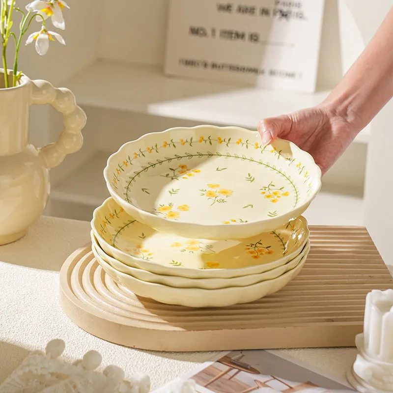 Fresh Style Dinner Plates, 2026 New Ceramic Tableware Sets, Underglaze Color Dinner Plates, High-End Feel Saucers & Deep Plates