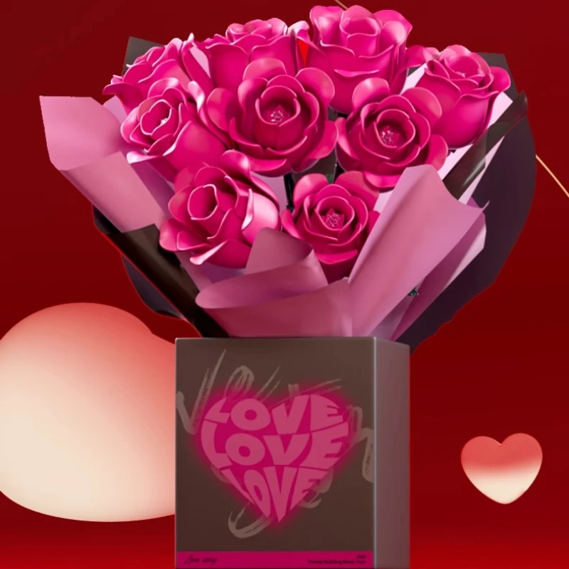 ตัวต่อ SEMBO รูปดอกกุหลาบแดงจำลอง ชุดประกอบดอกไม้ประดับตกแต่งโต๊ะทำงาน ของขวัญวันเกิด