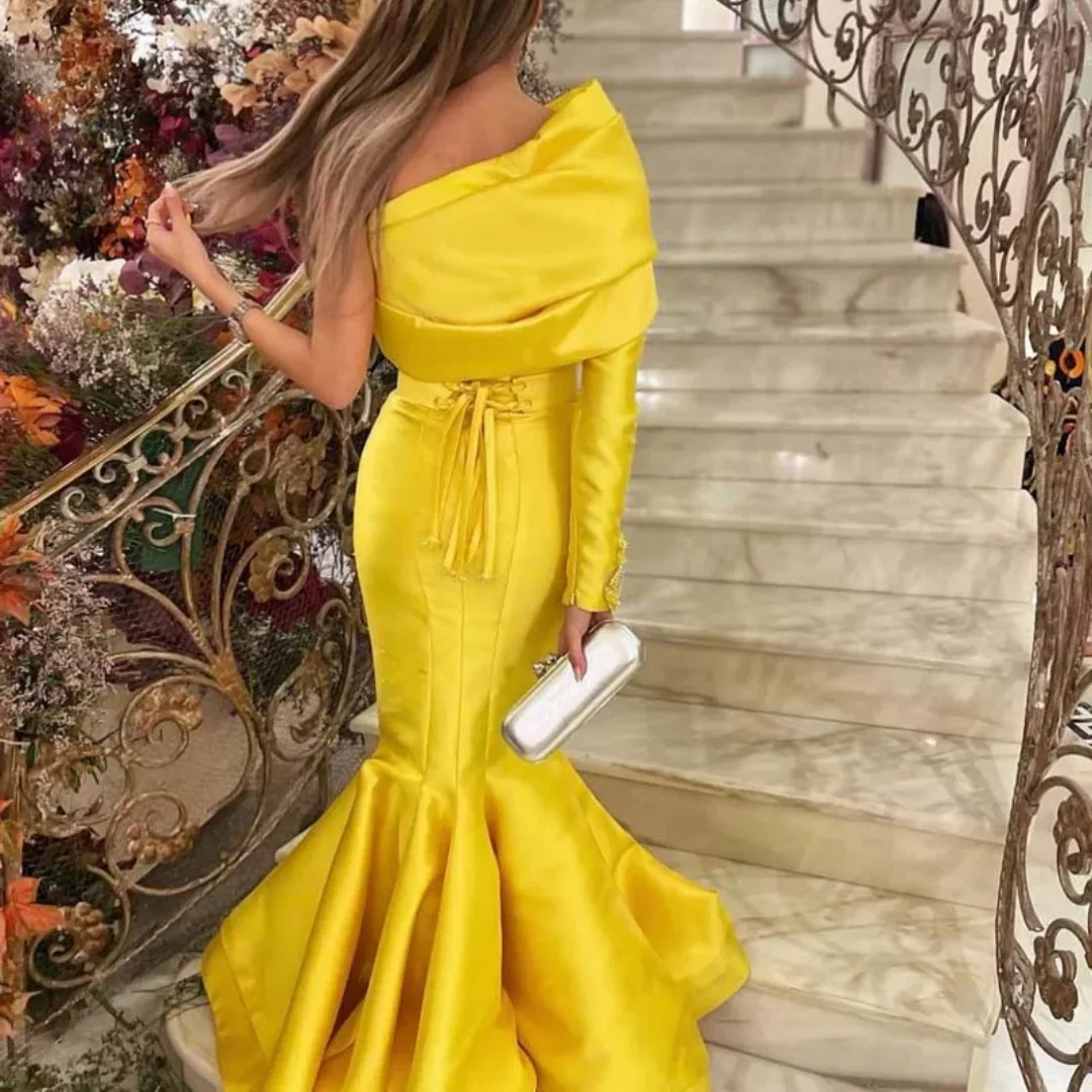 Charmante robe de soirée sirène en Satin, manches longues, dubaï, jaune, asymétrique épaule dénudée, arabie saoudite, robes de soirée personnalisées